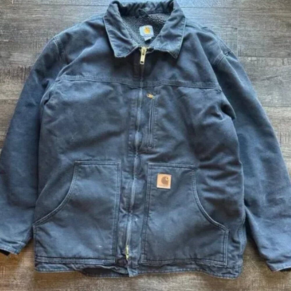 Vtg Carhartt Jacket Medium Black Duck Canvas Fade C61 Sandstone sherpa Lined